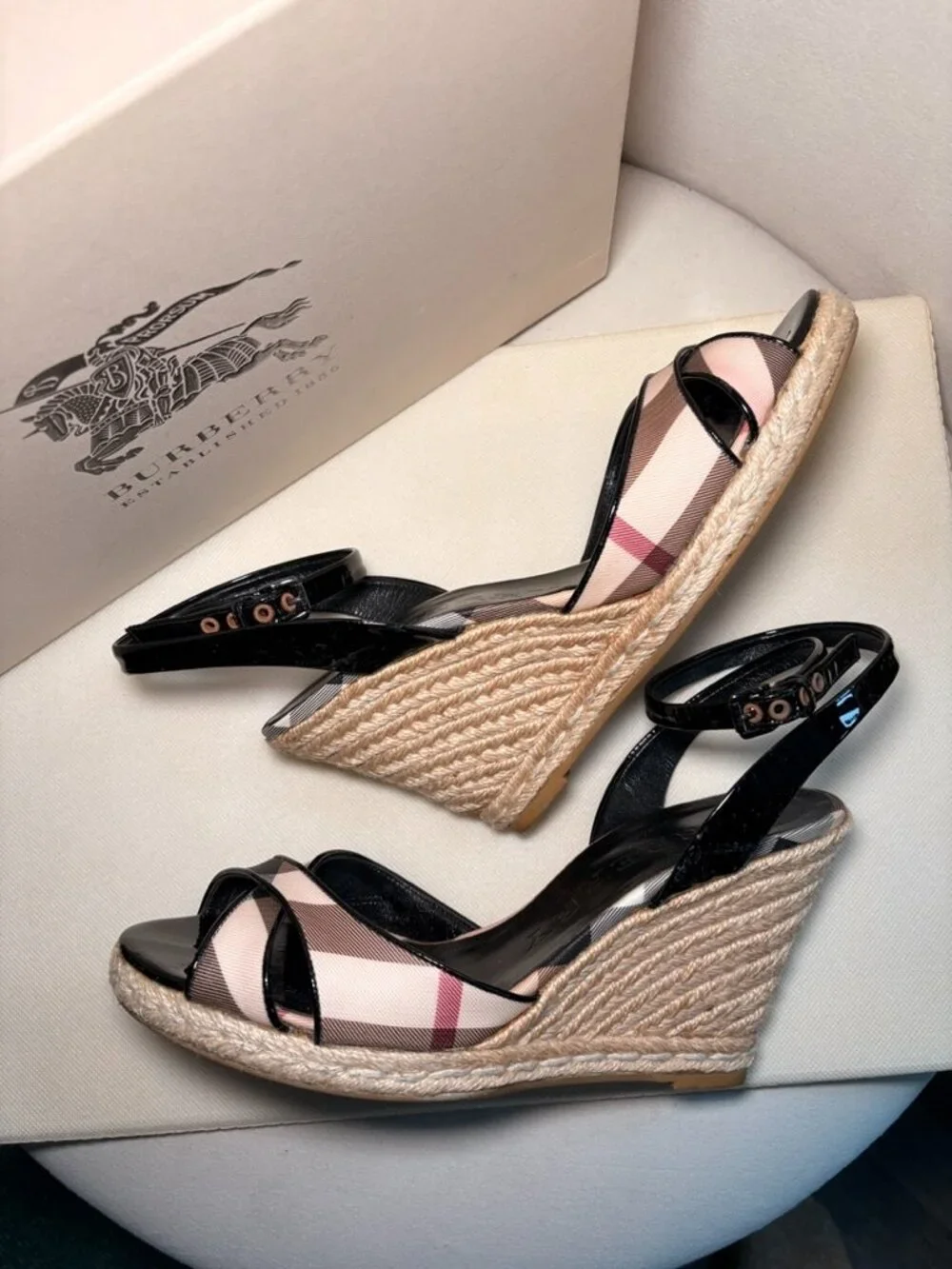 Burberry Nova Check canvas and black patent leather Espadrille Wedges, Sz 40.5